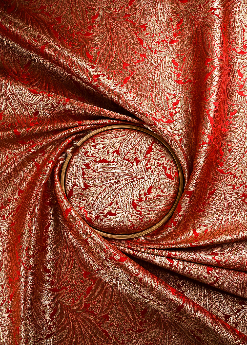 Red Banarasi Brocade Fabric With All Over Thread And Zari Handloom 24804