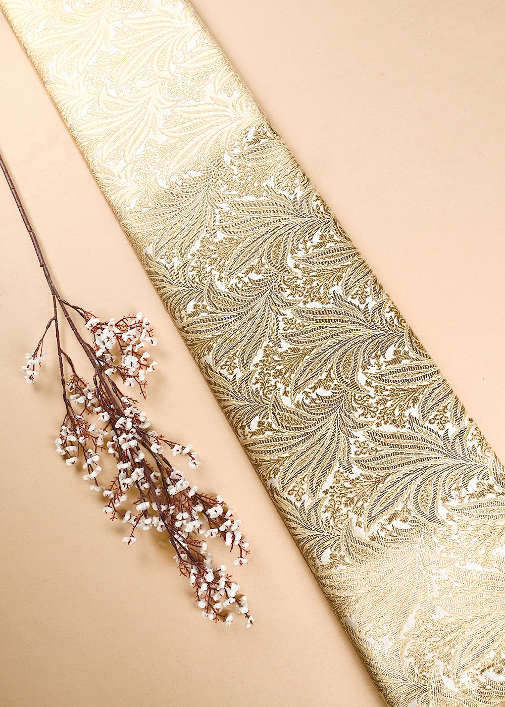 Off White Banarasi Brocade Fabric With All Over Thread And Zari Handloom 24806