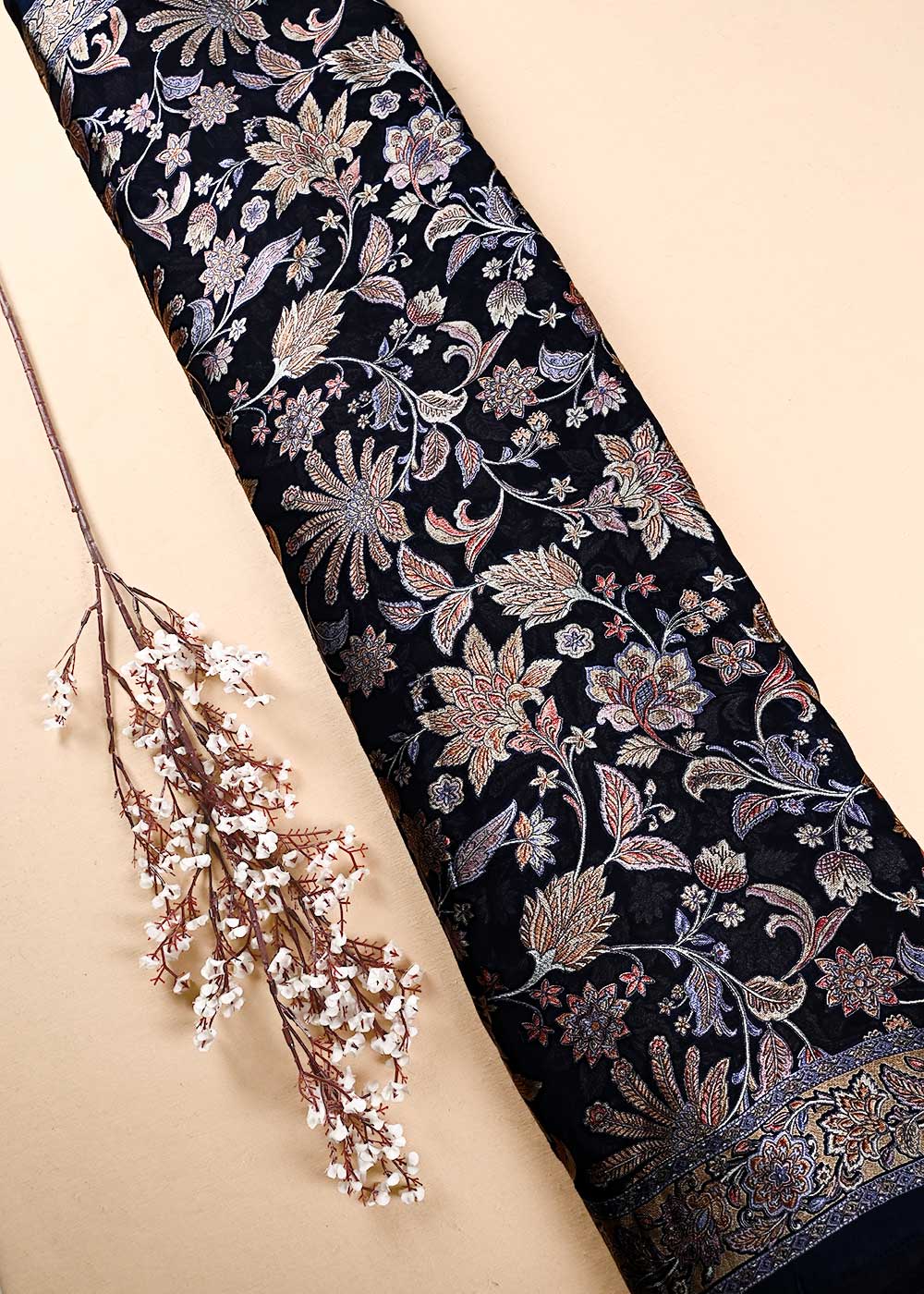Navy Blue Velvet Brasso Fabric With All Over Abstract Work 24825