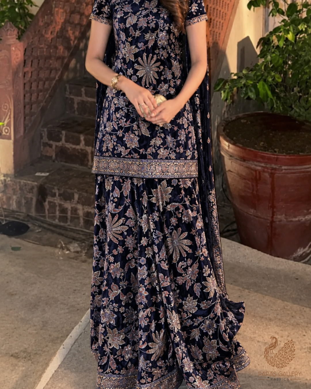 Navy Blue Velvet Brasso Dupatta Fabric With All Over Abstract Work With Both Side Border 24825