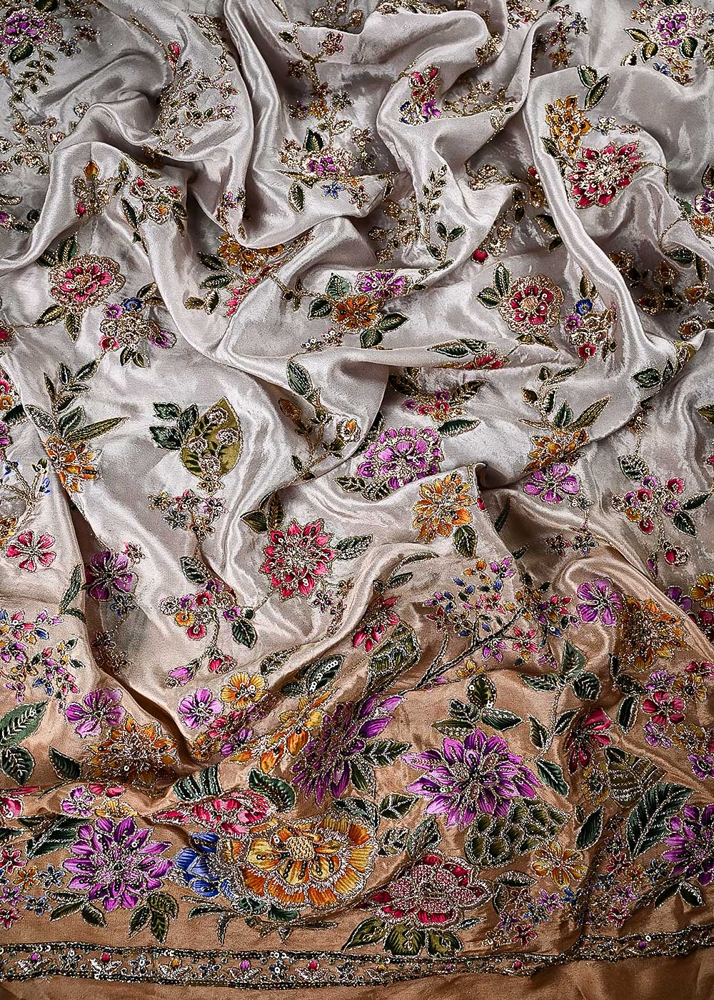 Gold Crepe Fabric With All Over Zari And Sequins With One Side Border 24829