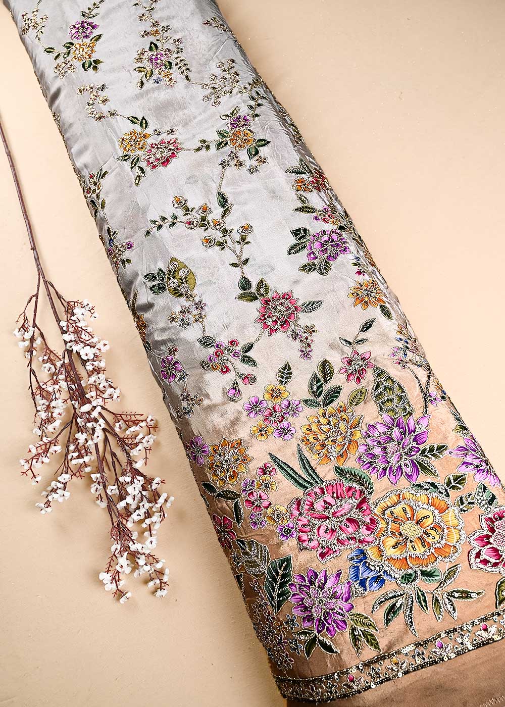 Gold Crepe Fabric With All Over Zari And Sequins With One Side Border 24829