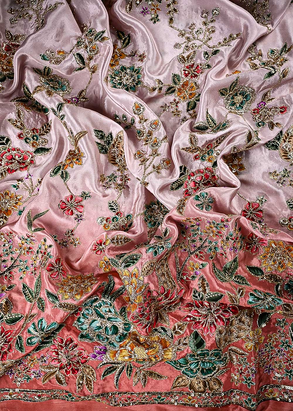 Rust Crepe Fabric With All Over Zari And Sequins With One Side Border 24830