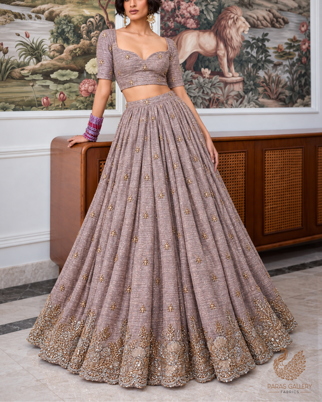 Lavender Crushed Tissue Fabric With All Over Zari, Sequins And Katdana Work With One Side Border 24831