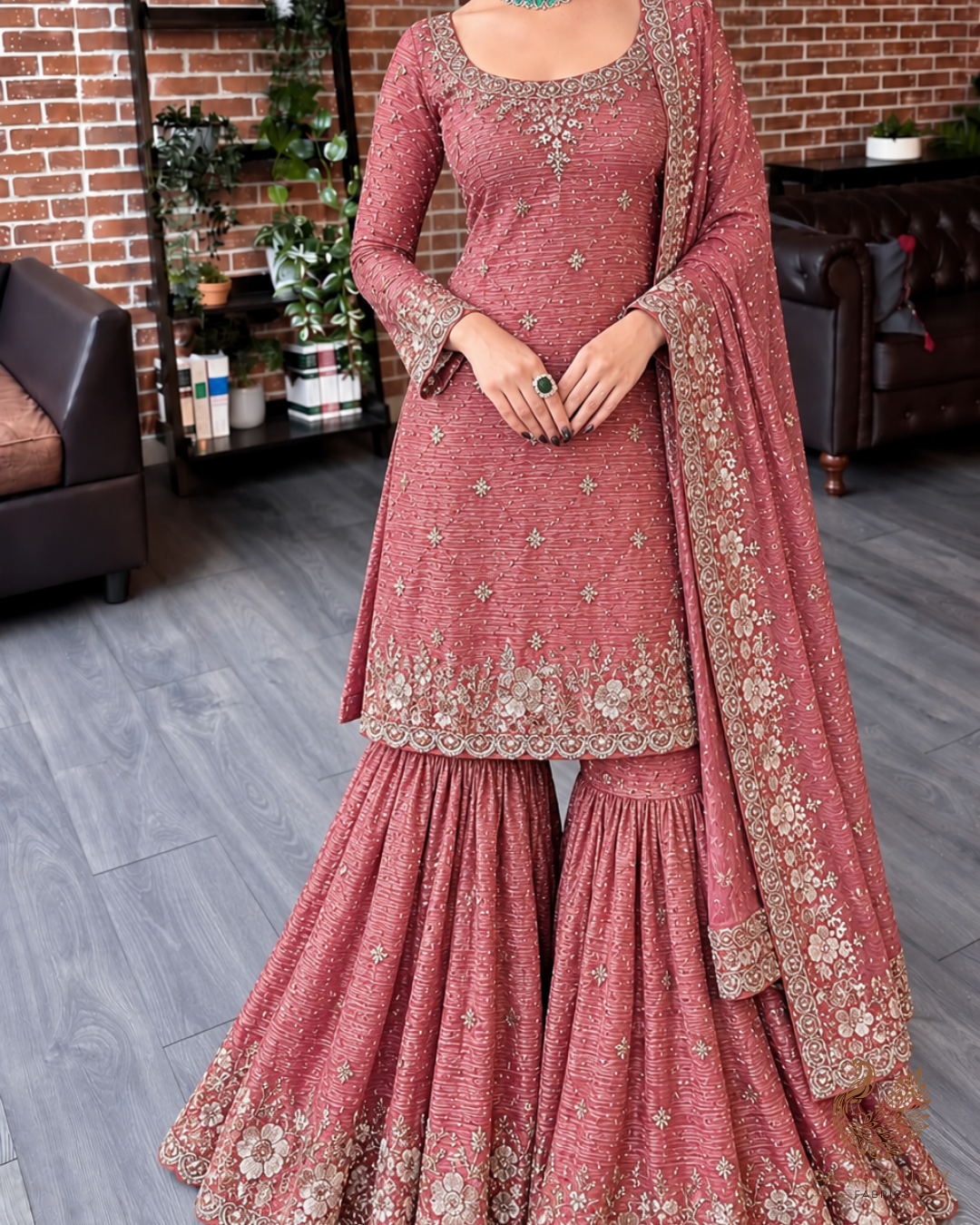 Gajri Crushed Tissue Fabric With All Over Zari, Sequins And Katdana Work With One Side Border 24832