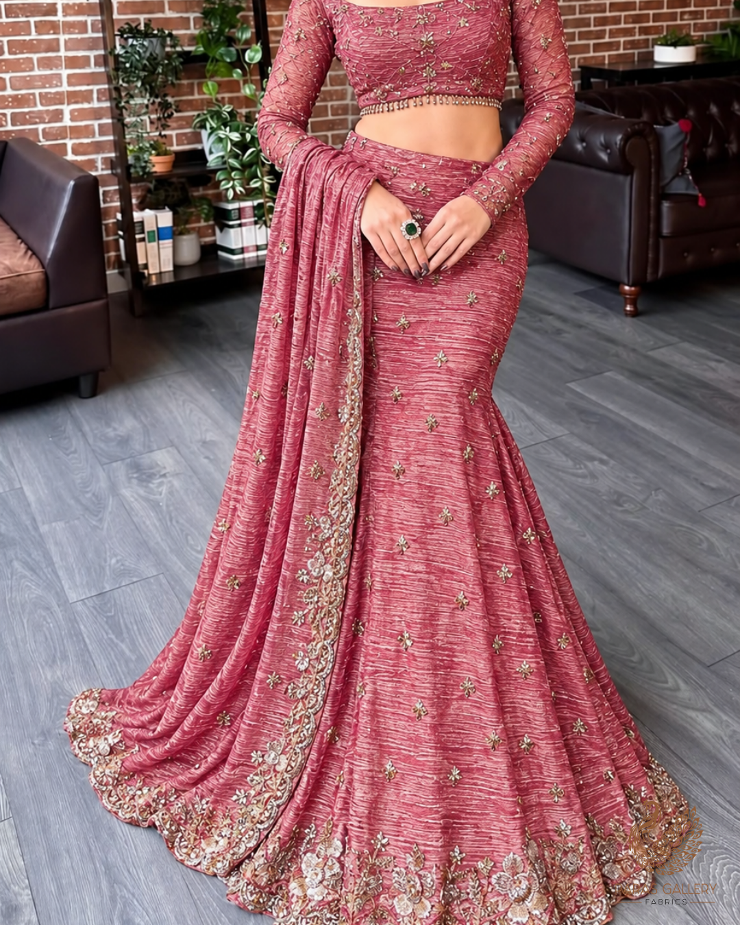 Gajri Crushed Tissue Fabric With All Over Zari, Sequins And Katdana Work With One Side Border 24832