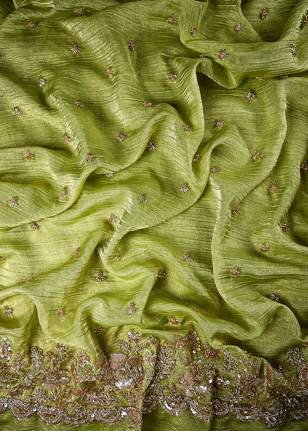 Pista Green Crushed Tissue Fabric With All Over Sequins And Katdana With One Side Border 24833