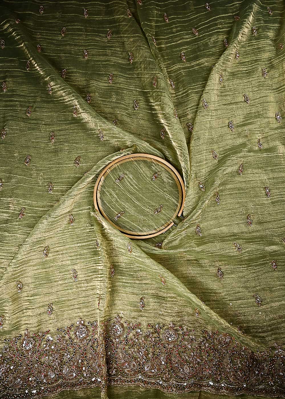 Mehendi Green Crushed Tissue Fabric With All Over Sequins And Katdana With One Side Border 24836