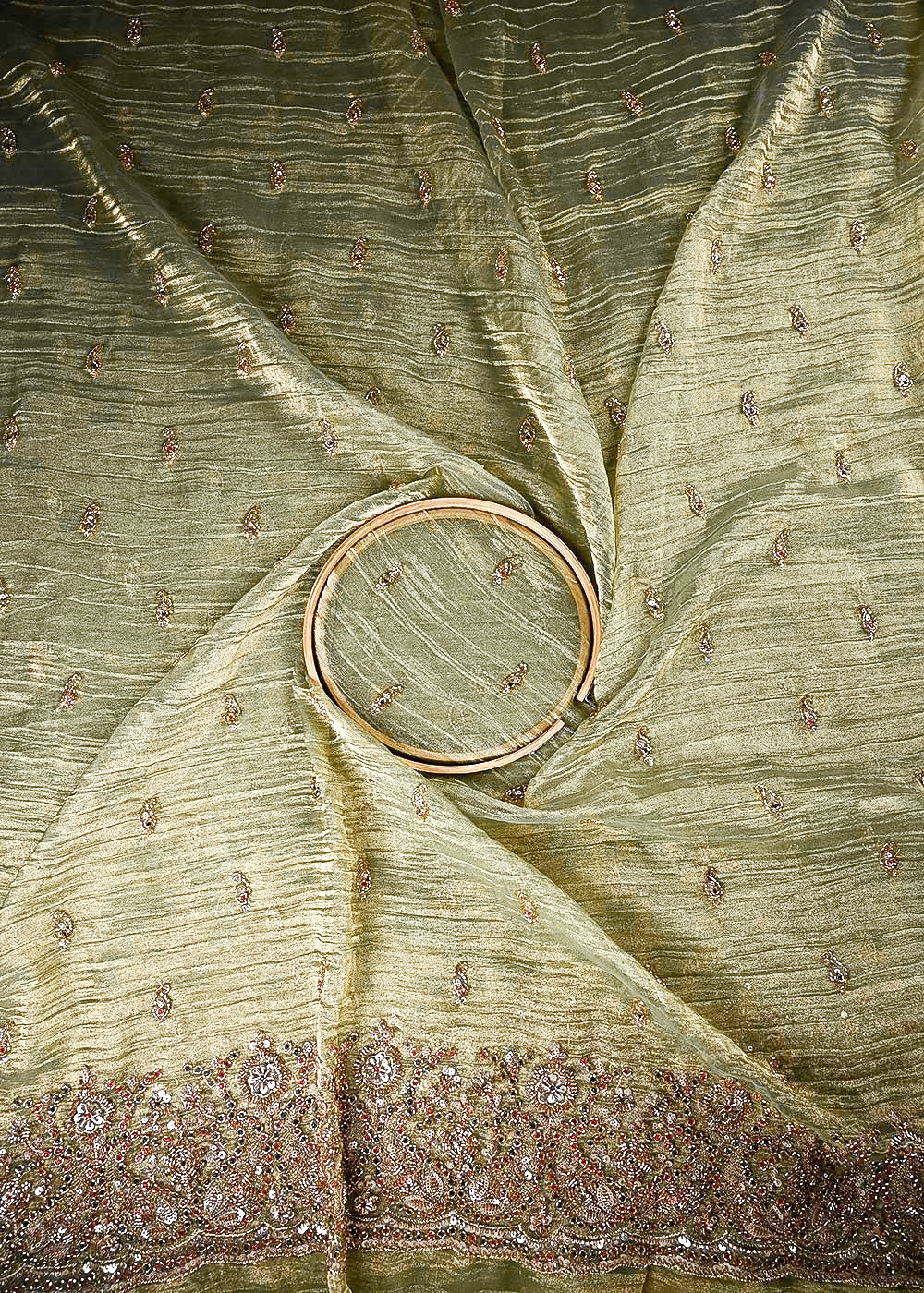 Mehendi Green Crushed Tissue Fabric With All Over Sequins And Katdana With One Side Border 24836