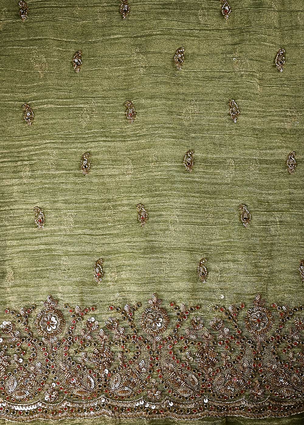 Mehendi Green Crushed Tissue Fabric With All Over Sequins And Katdana With One Side Border 24836