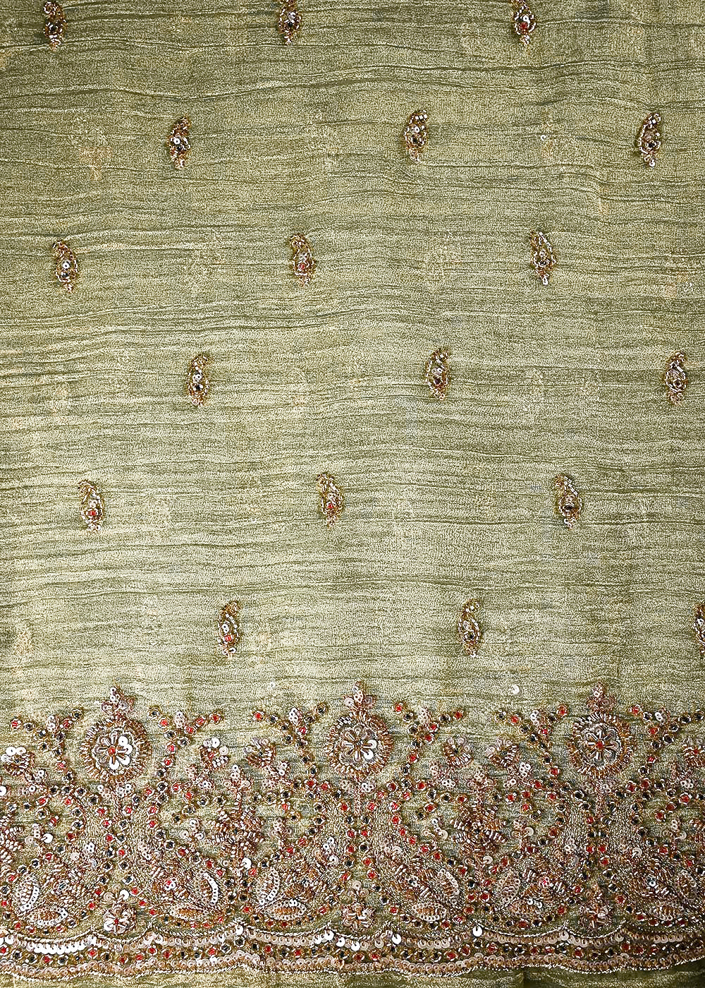 Mehendi Green Crushed Tissue Fabric With All Over Sequins And Katdana With One Side Border 24836