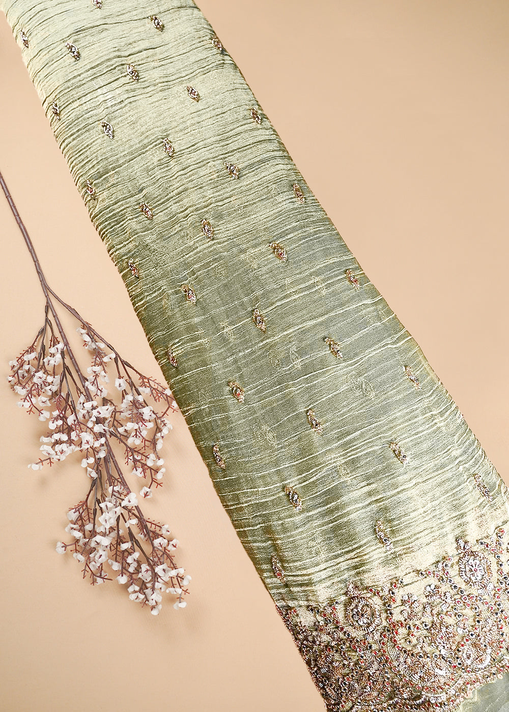 Mehendi Green Crushed Tissue Fabric With All Over Sequins And Katdana With One Side Border 24836