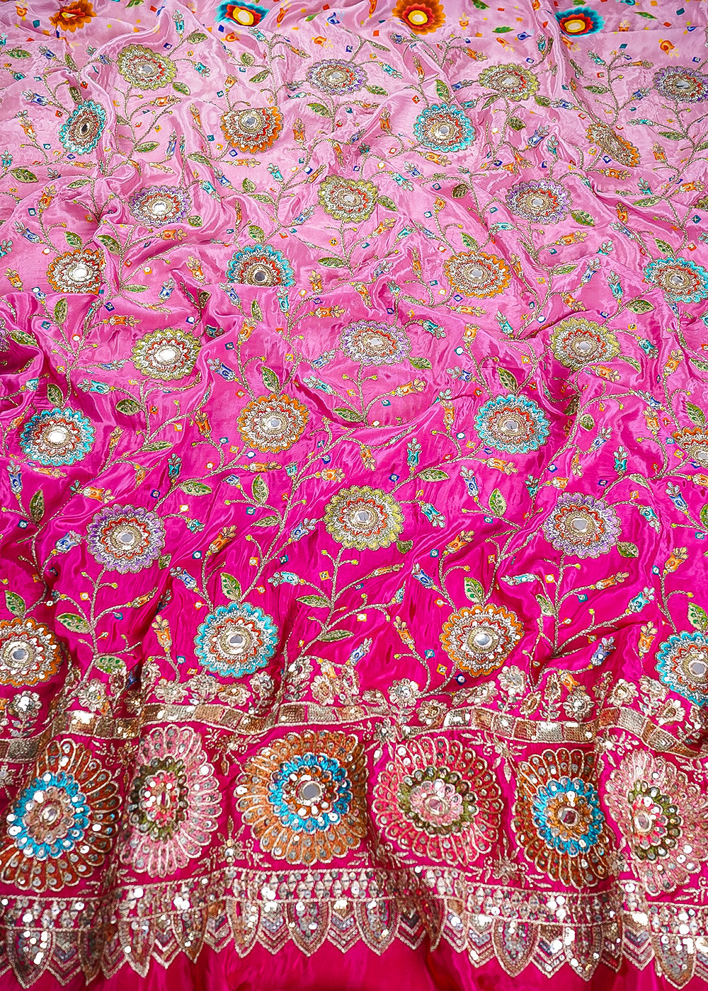 Rani Pink Crepe Fabric With All Over Zari, Sequins And Faux Mirror Work With One Side Border 24845