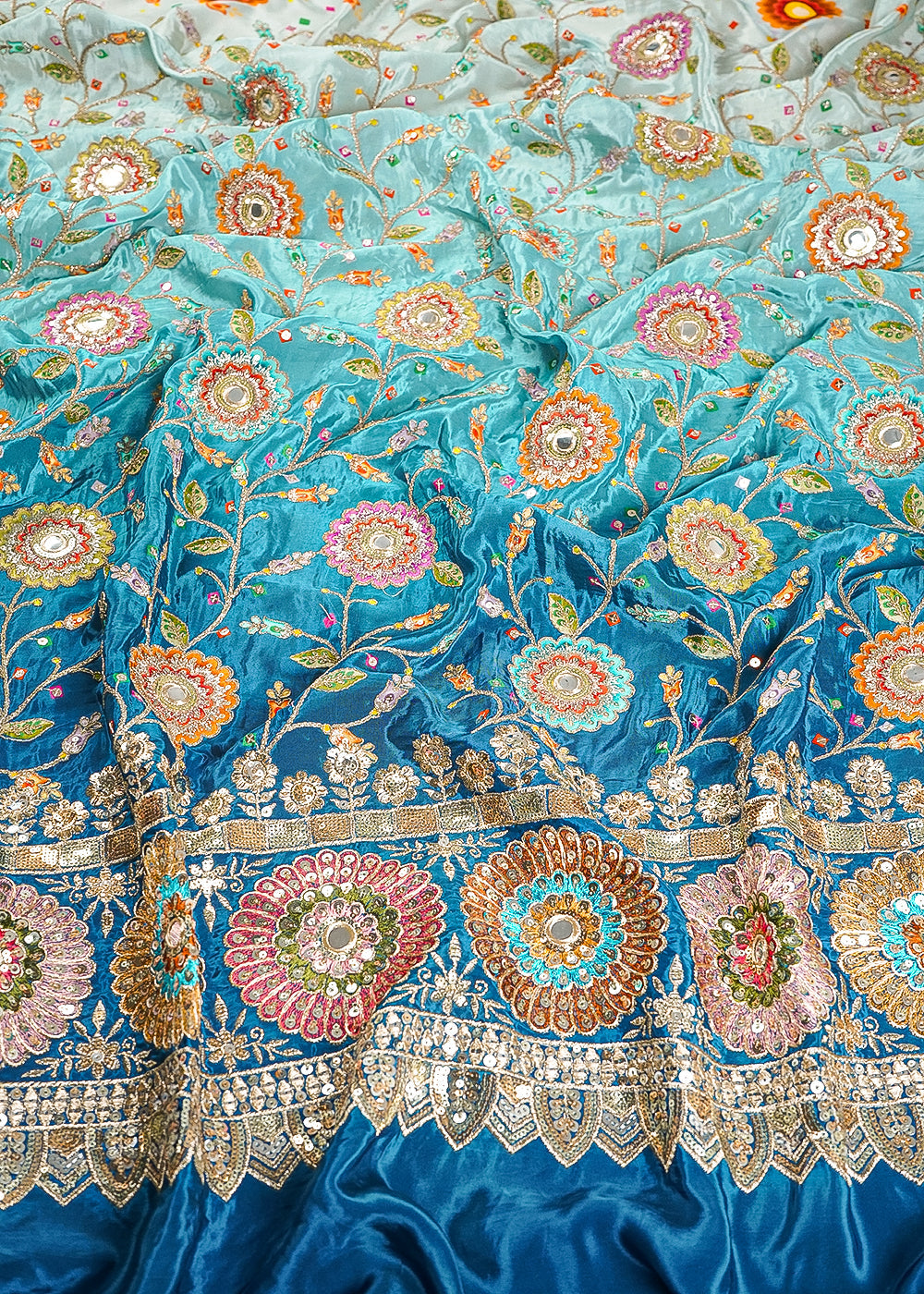 Teal Blue Crepe Fabric With All Over Zari, Sequins And Faux Mirror Work With One Side Border 24846