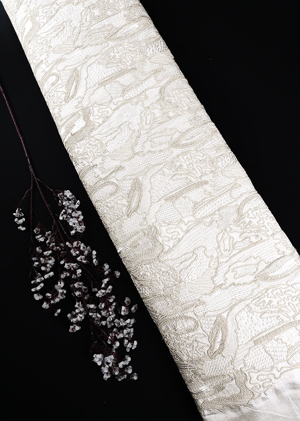 White Dyeable Silk Fabric With All Over Thread And Sequins Work 24847