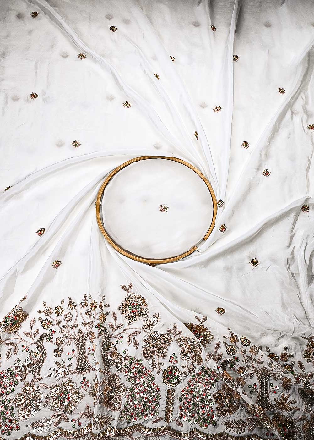 White Dyeable Crepe Fabric With All Over Zari, Sequins And Katdana Work With One Side Border 24849