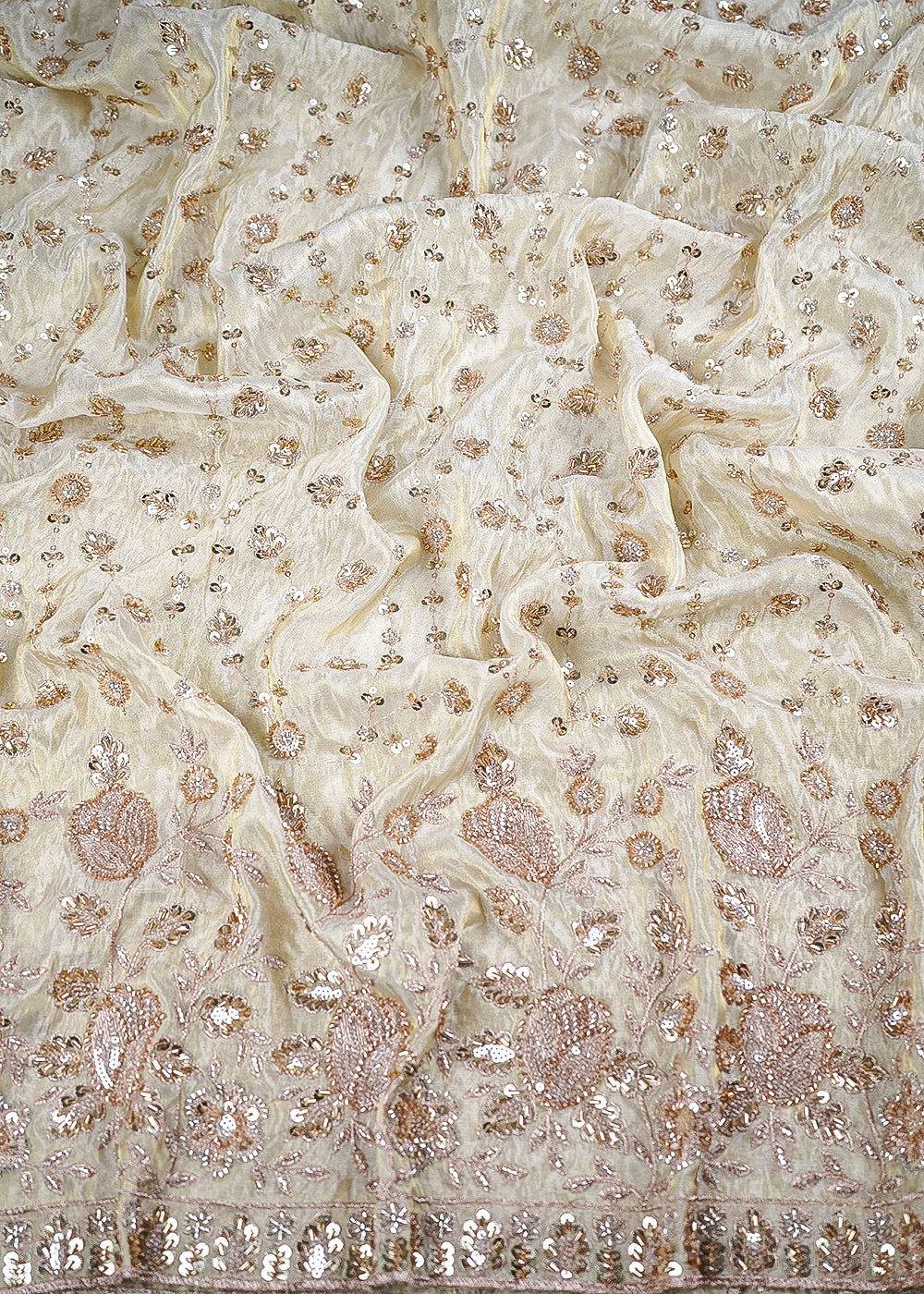 Golden Dyeable Tissue Fabric With All Over Zari And Katdana Work With One Side Heavy Border 24850
