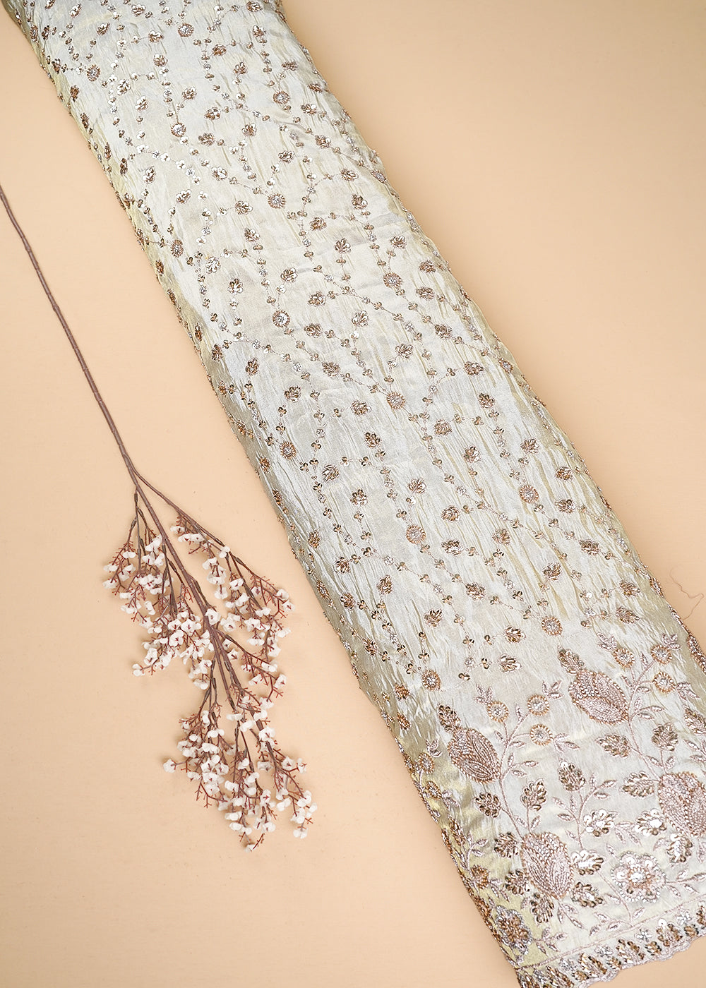 Golden Dyeable Tissue Fabric With All Over Zari And Katdana Work With One Side Heavy Border 24850