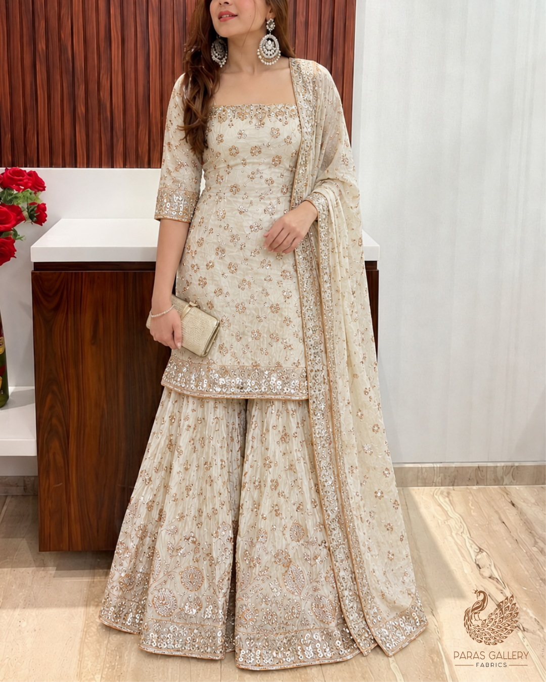 Golden Dyeable Tissue Fabric With All Over Zari And Katdana Work With One Side Heavy Border 24850