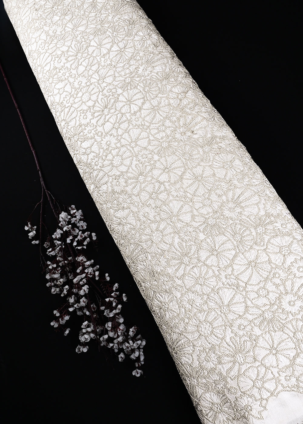 White Dyeable Silk Fabric With All Over Thread And Sequins Work 24851