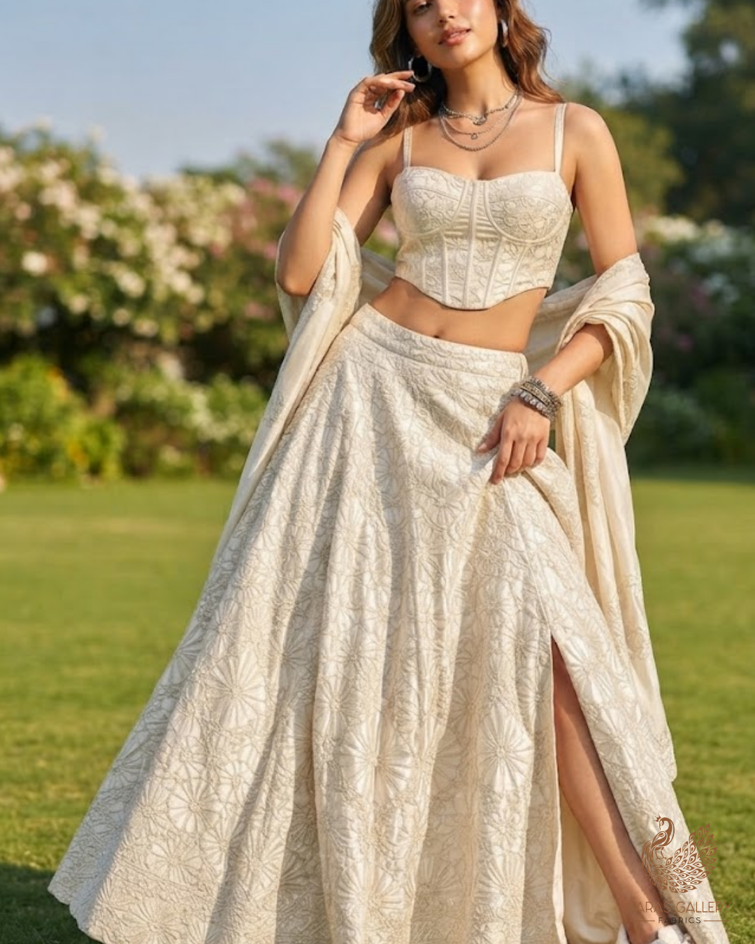 White Dyeable Silk Fabric With All Over Thread And Sequins Work 24851