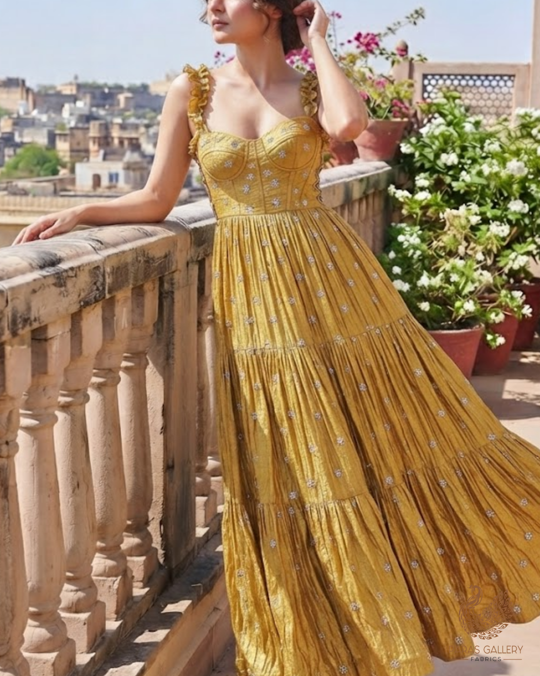 Yellow Diamond Tissue Fabric With All Over Buti Of Sequins, Katdana And Bead Work 24856