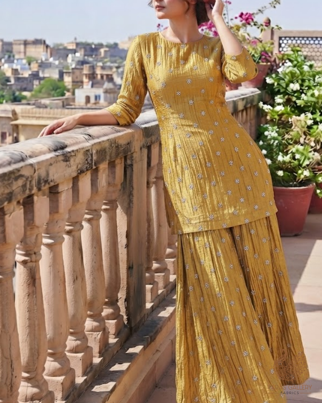 Yellow Diamond Tissue Fabric With All Over Buti Of Sequins, Katdana And Bead Work 24856