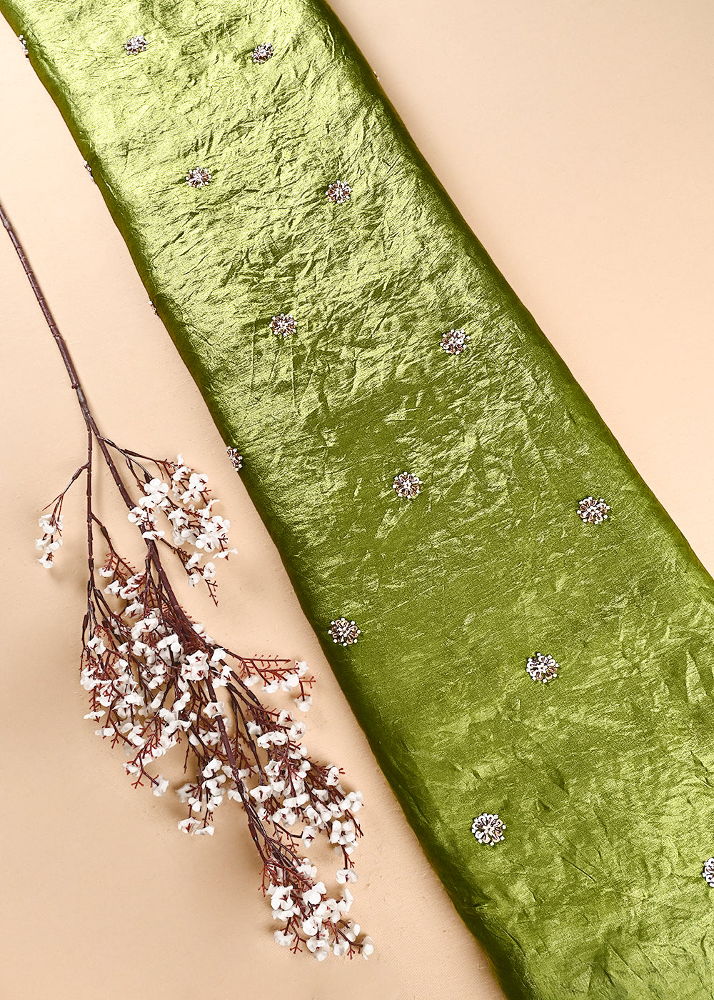 Green Diamond Tissue Fabric With All Over Buti Of Sequins, Katdana And Bead Work 24857