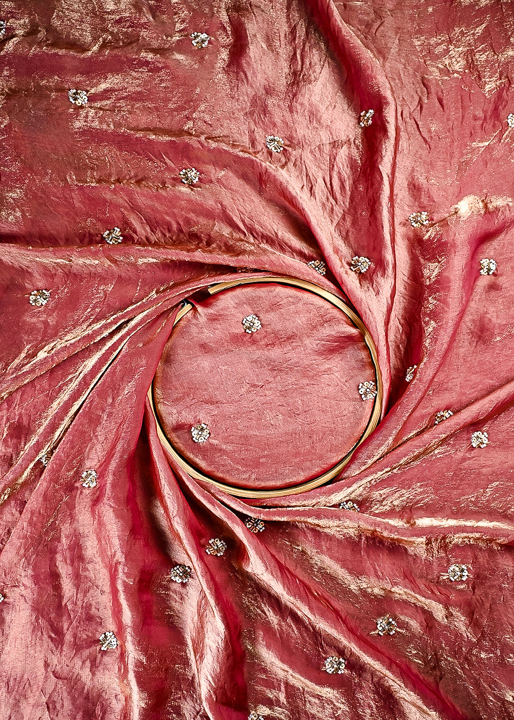 Onion Pink Diamond Tissue Fabric With All Over Buti Of Sequins, Katdana And Bead Work 24860