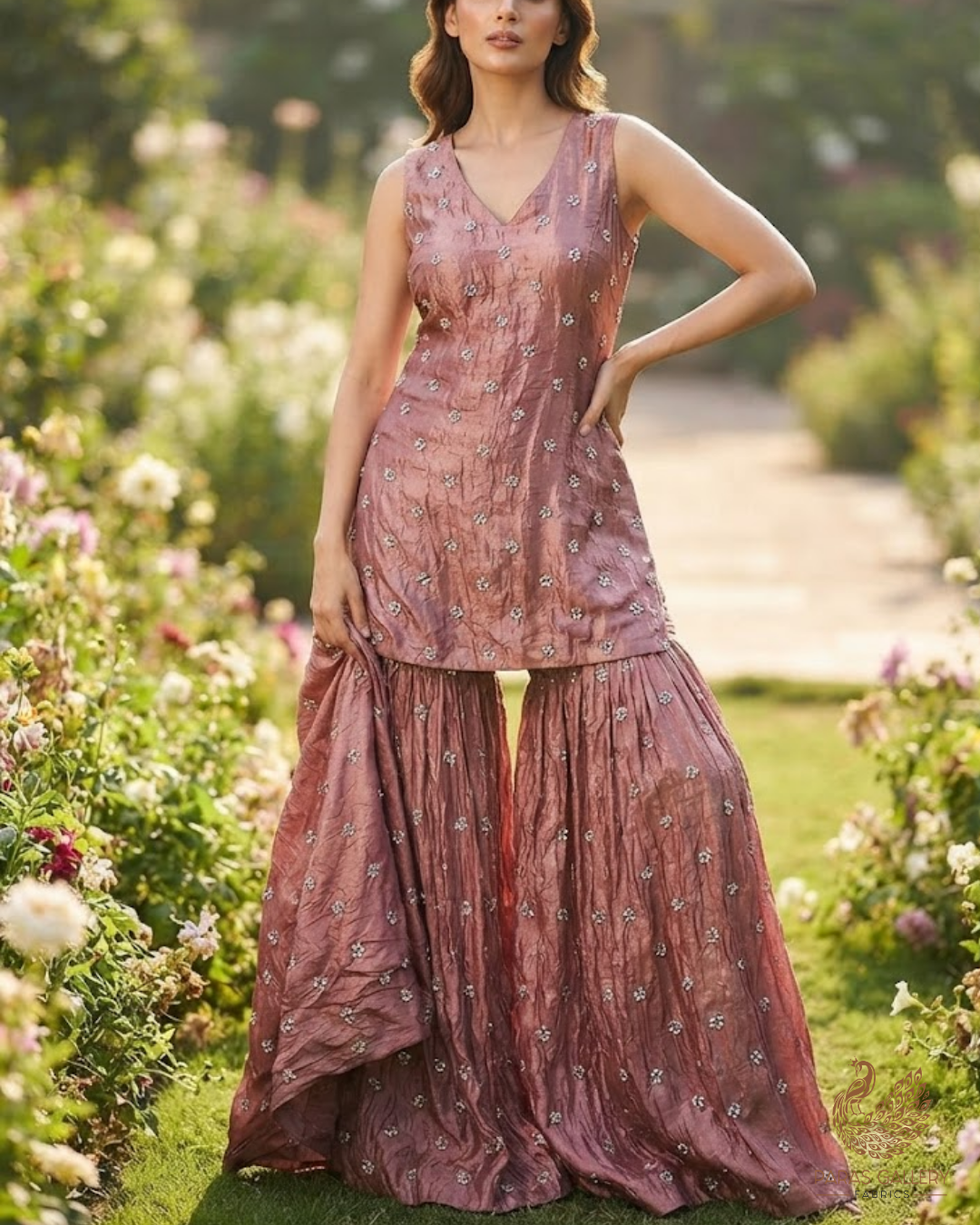 Onion Pink Diamond Tissue Fabric With All Over Buti Of Sequins, Katdana And Bead Work 24860