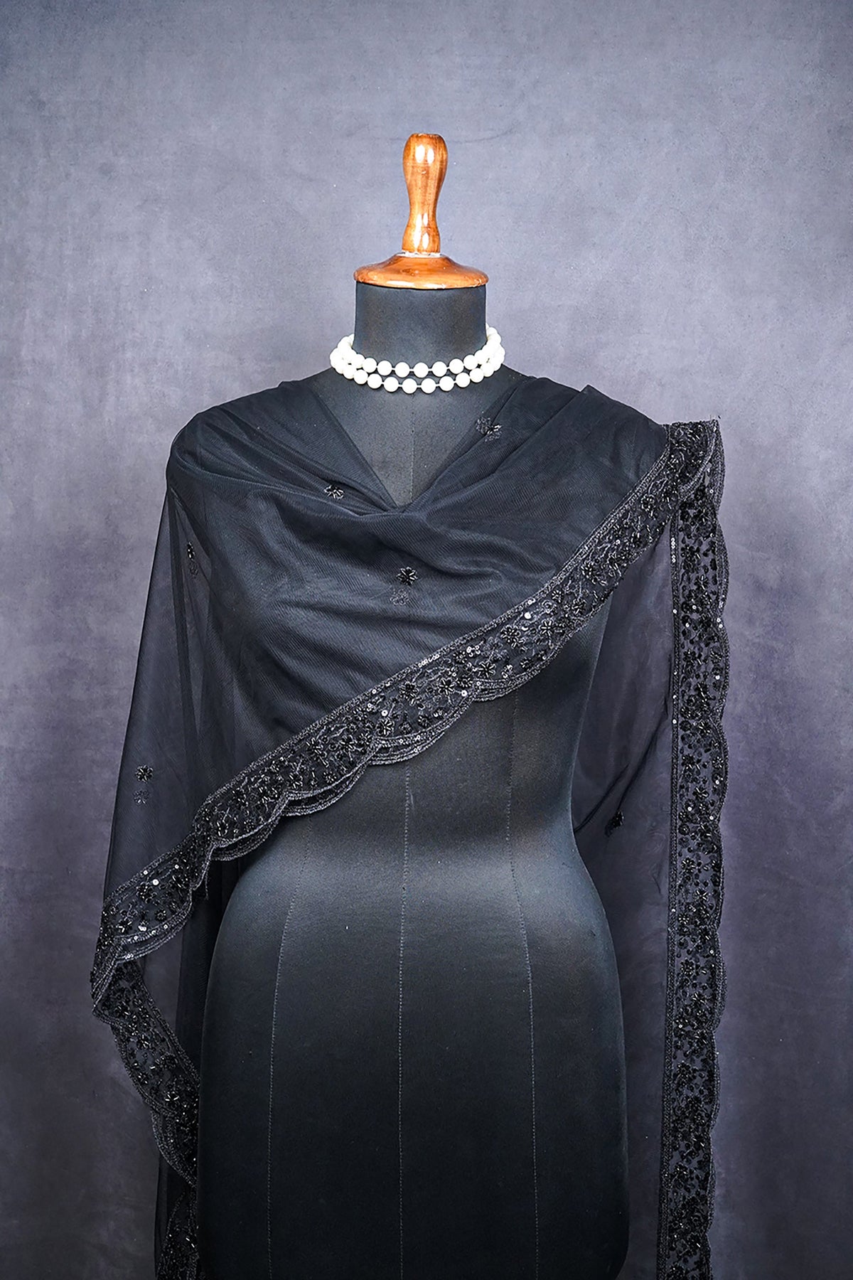Black Net Dupatta All Over Sequins And Katdana Work 24915