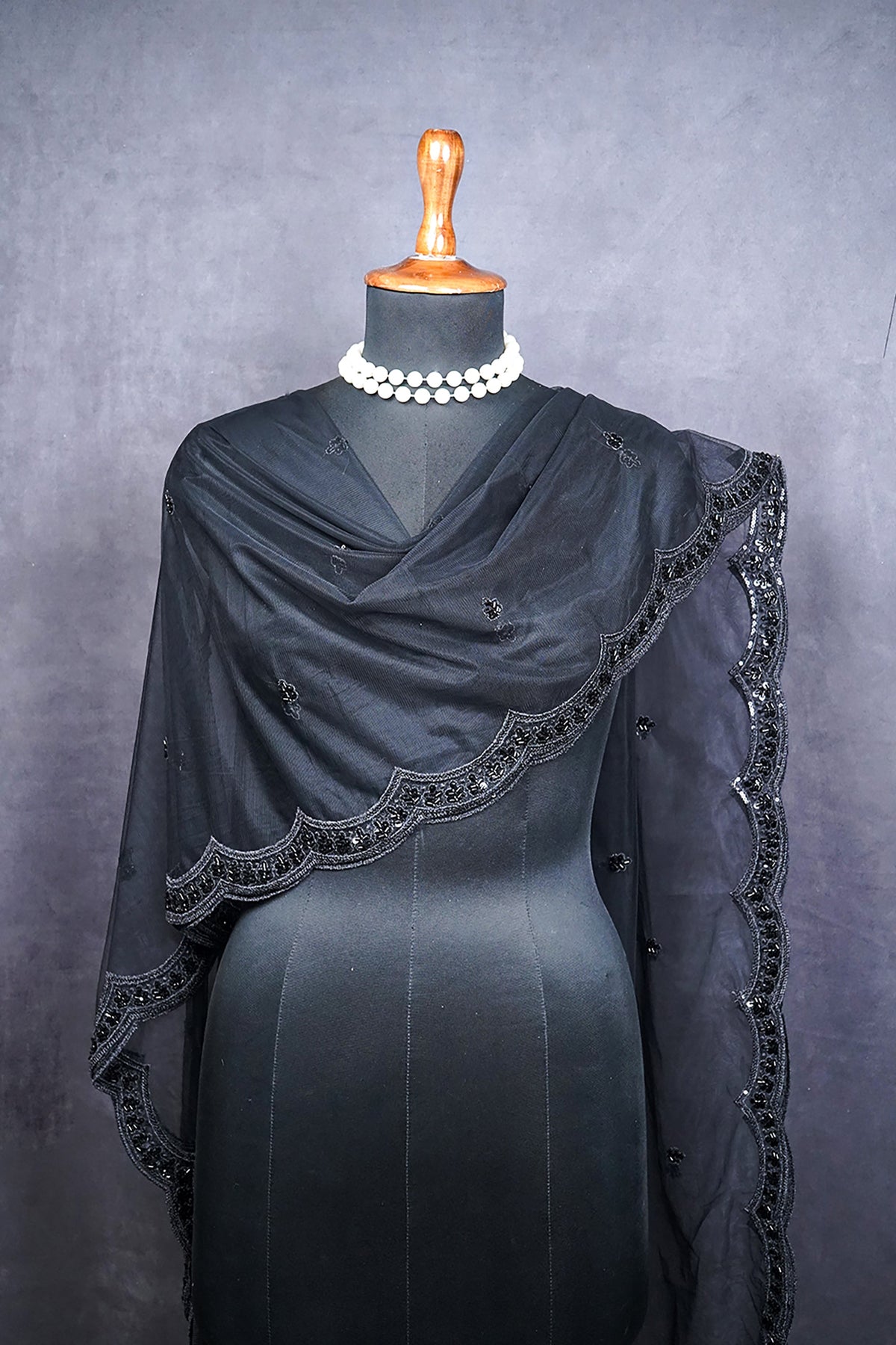 Black Net Dupatta All Over Sequins And Katdana Work 24916