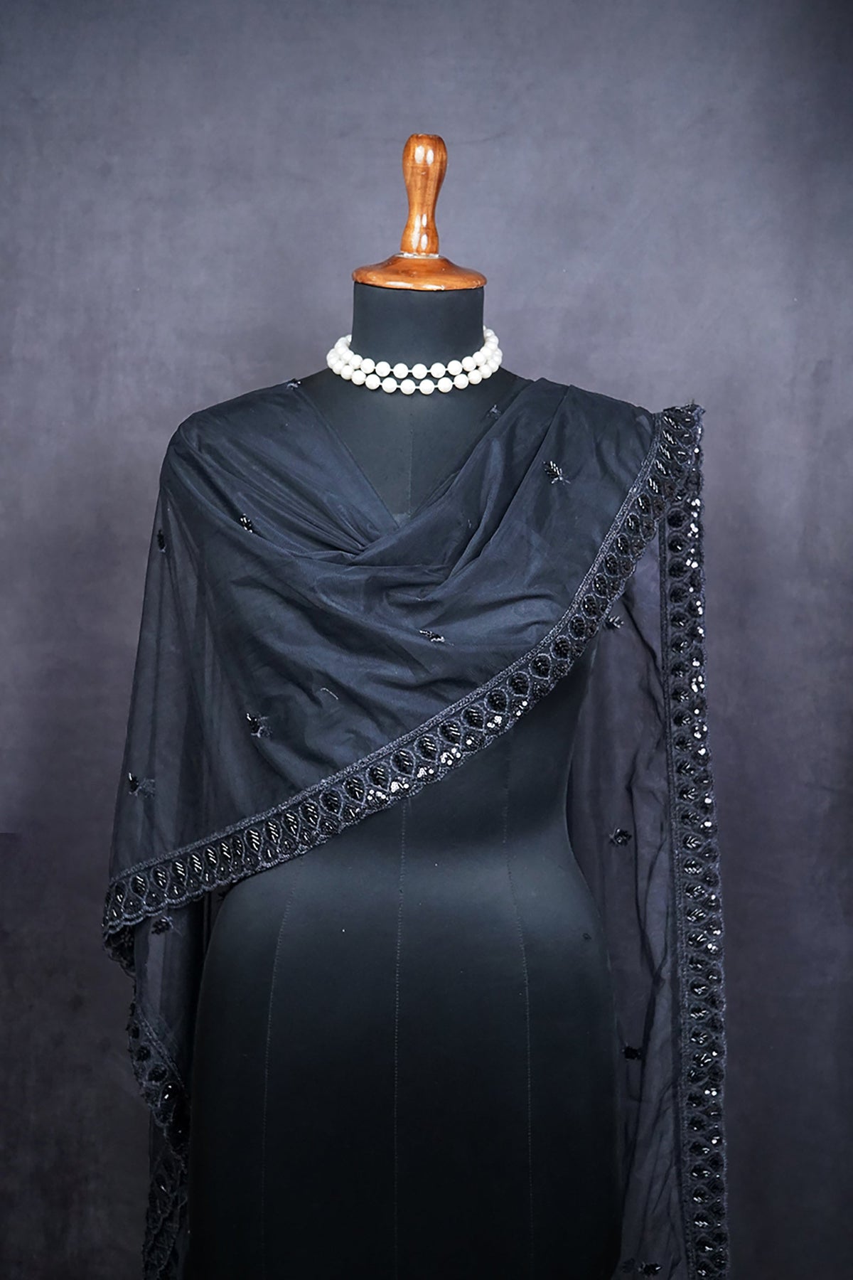 Black Net Dupatta All Over Sequins And Katdana Work 24917