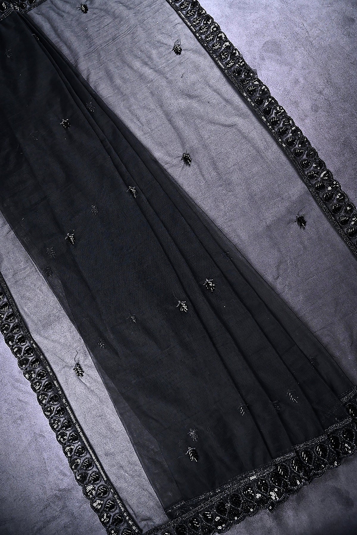 Black Net Dupatta All Over Sequins And Katdana Work 24917