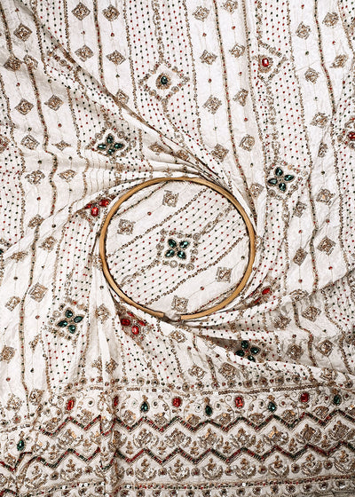 White Dyeable Crepe Fabric With All Over Zari, Sequins And Katdana Work With One Side Blorder 24918