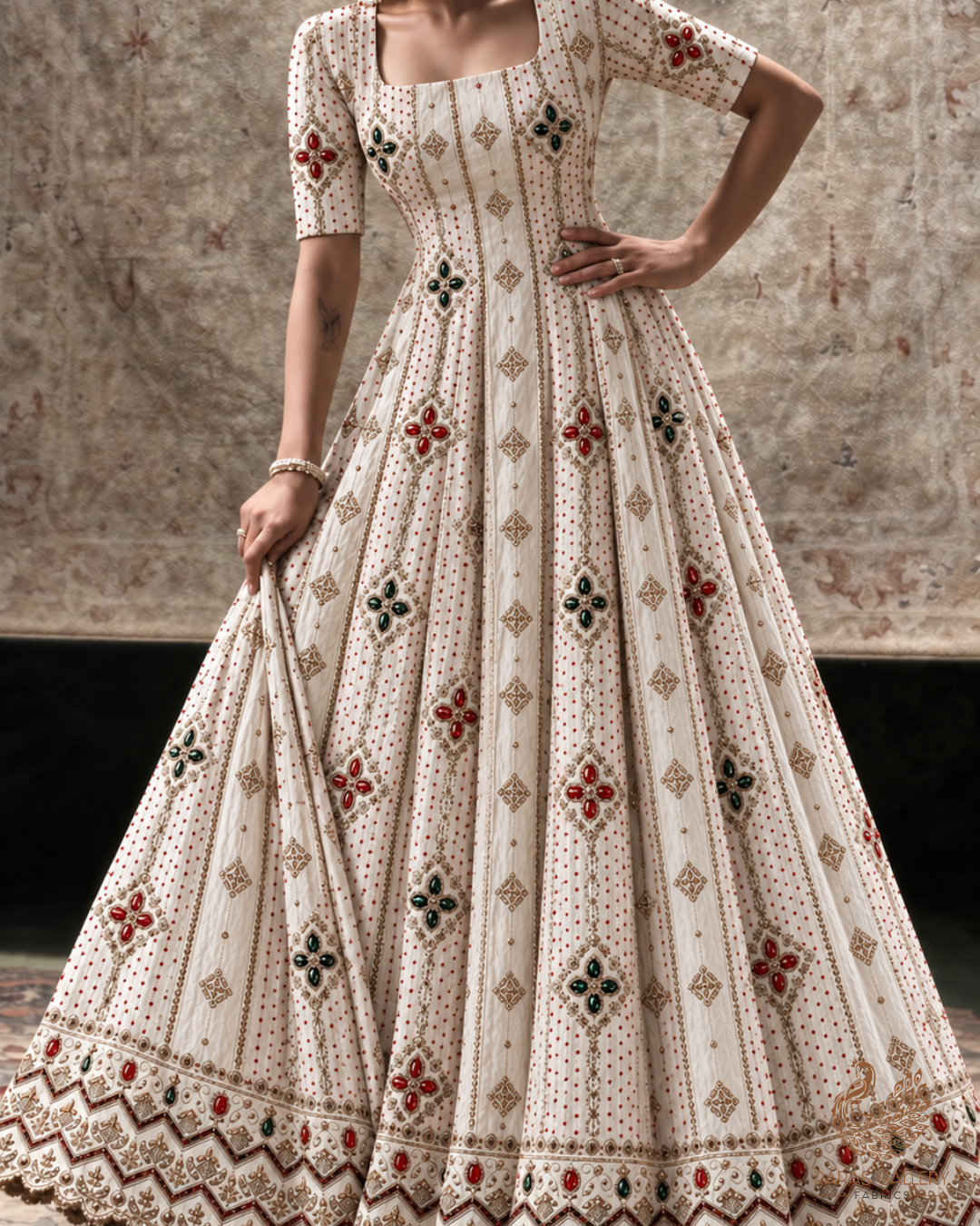 White Dyeable Crepe Fabric With All Over Zari, Sequins, Katdana And Stone Work With One Side Border 24918