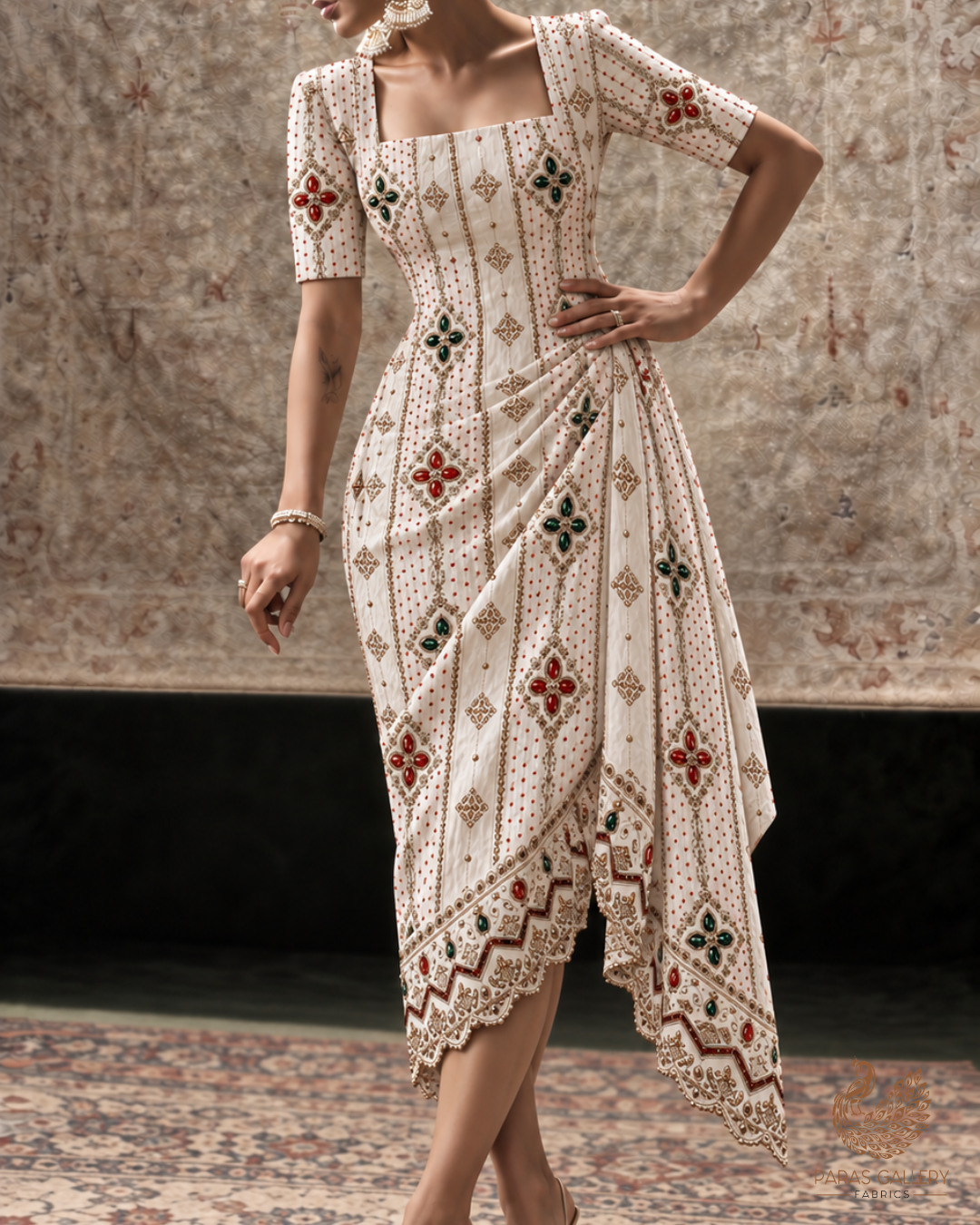 White Dyeable Crepe Fabric With All Over Zari, Sequins, Katdana And Stone Work With One Side Border 24918