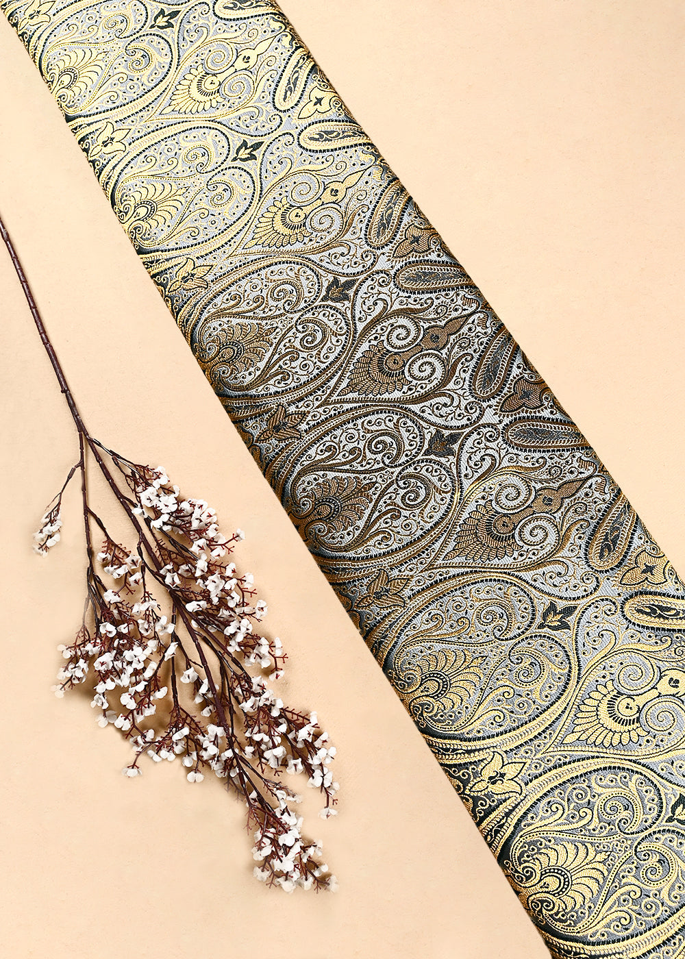 Grey Banarasi Brocade Fabric With All Over Thread And Zari Handloom 24932
