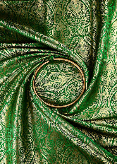 Green Banarasi Brocade Fabric With All Over Thread And Zari Handloom 24934