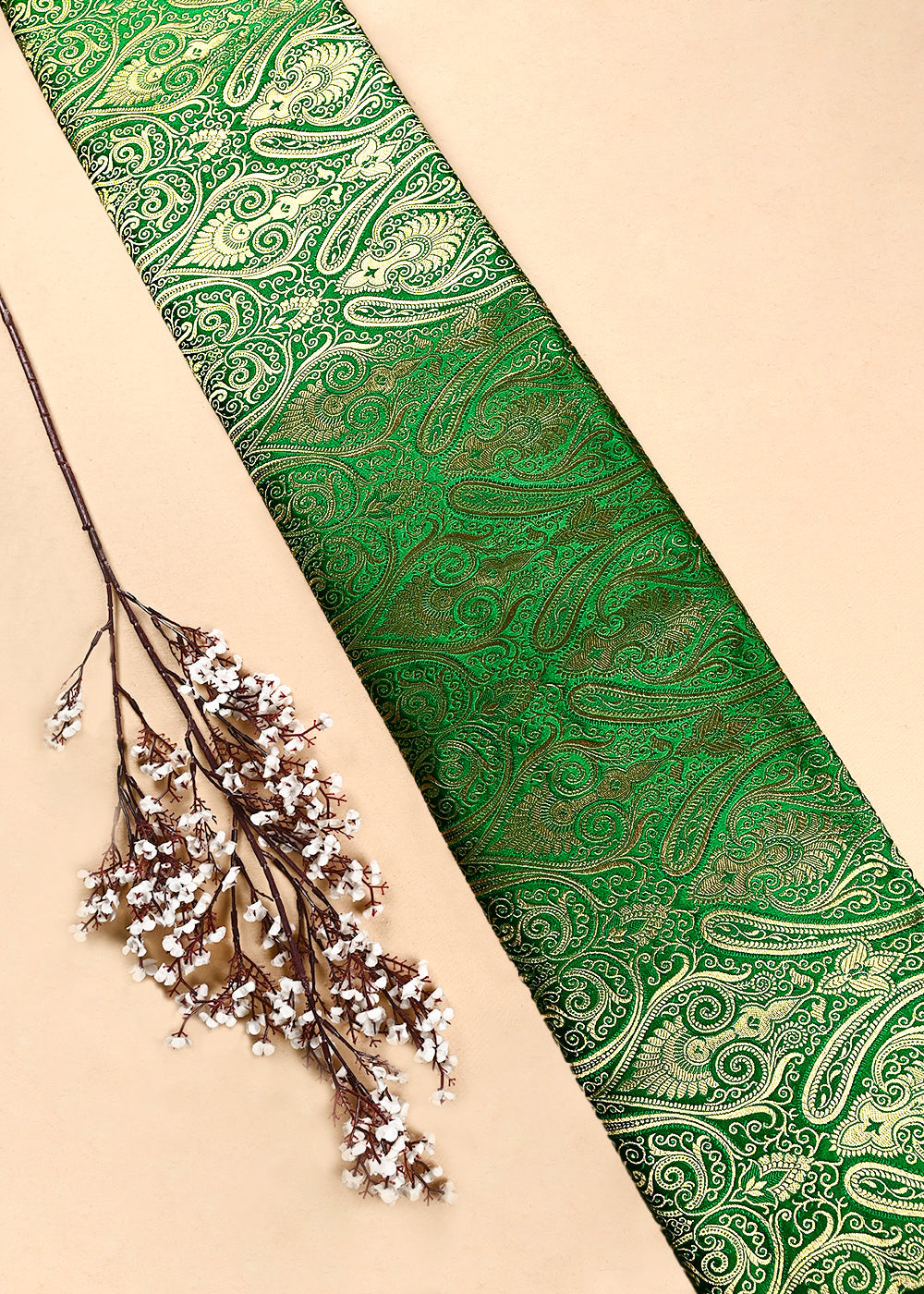 Green Banarasi Brocade Fabric With All Over Thread And Zari Handloom 24934