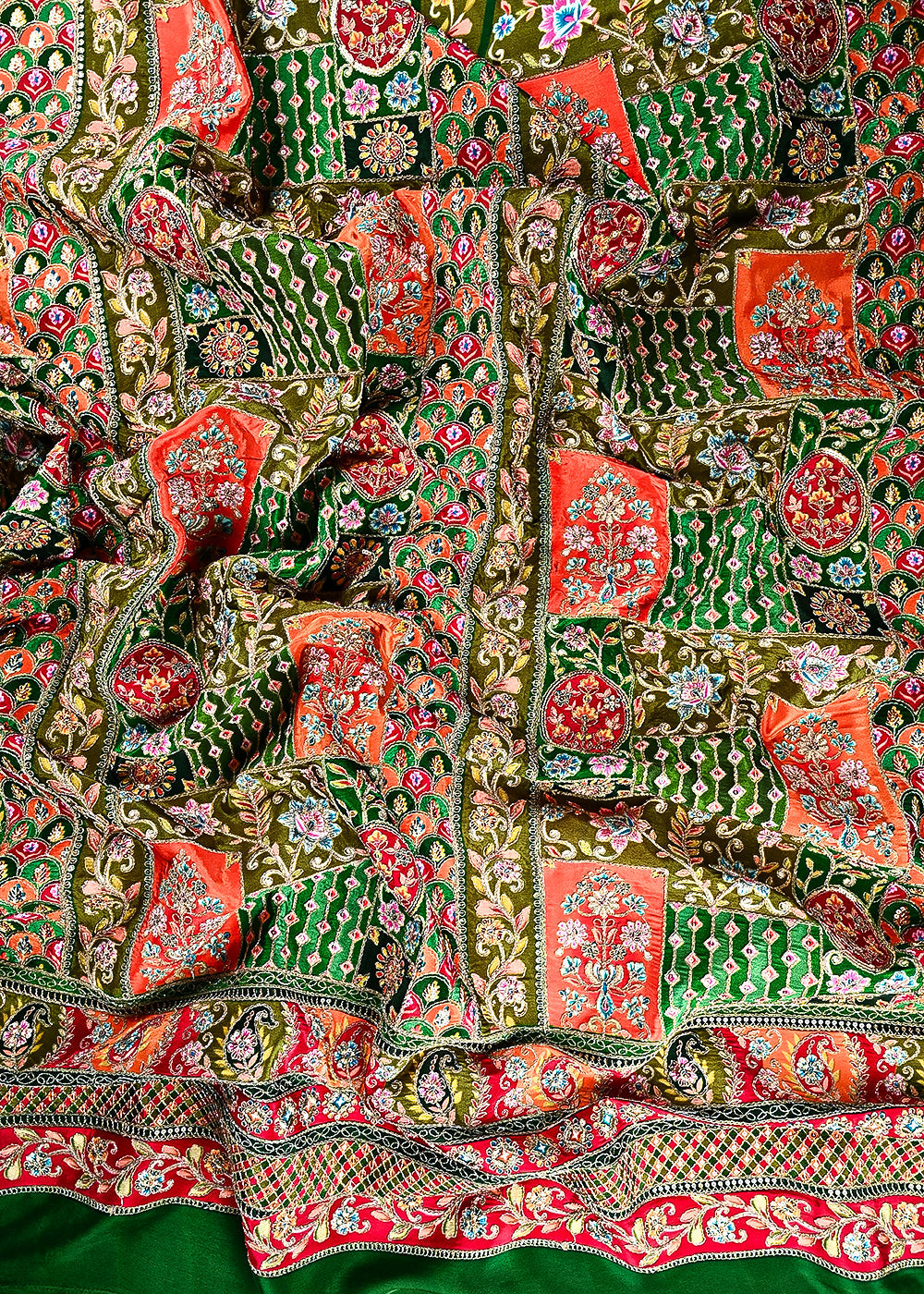 Bottle Green Crepe Fabric With All Over Zari and Sequins Work With One Side Border 24960