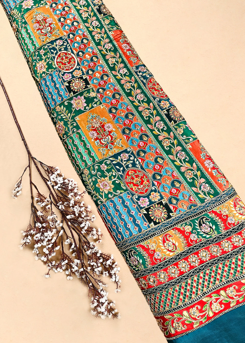 Rama Green Crepe Fabric With All Over Zari and Sequins Work With One Side Border 24961