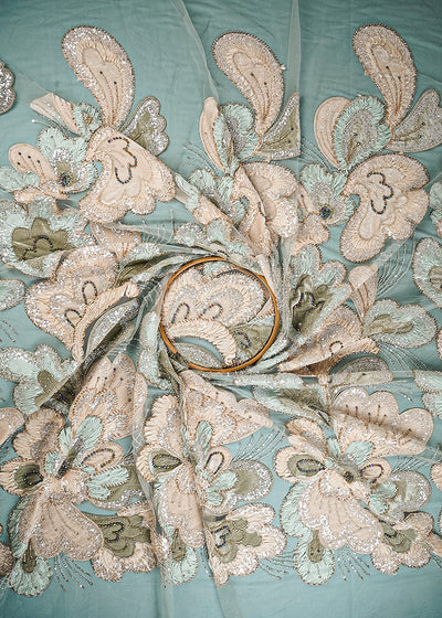 Pista Green Imported Net Fabric With All Over Sequins, Katdana, Bead, Ribbon Work And Valvet Patch Work 24979