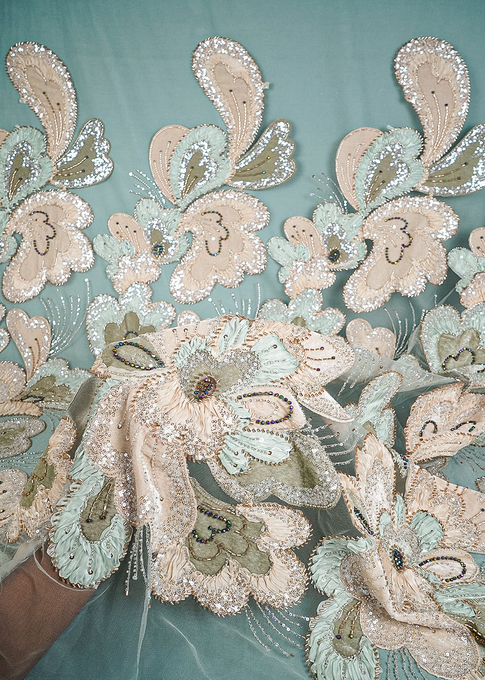 Pista Green Imported Net Fabric With All Over Sequins, Katdana, Bead, Ribbon Work And Valvet Patch Work 24979