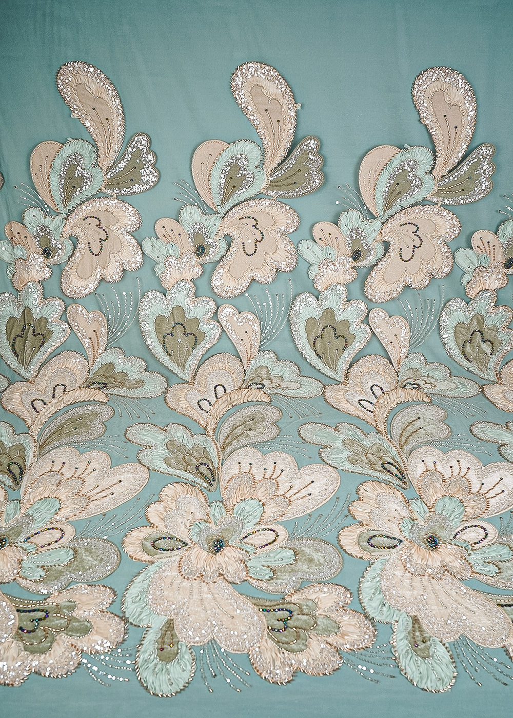 Pista Green Imported Net Fabric With All Over Sequins, Katdana, Bead, Ribbon Work And Valvet Patch Work 24979