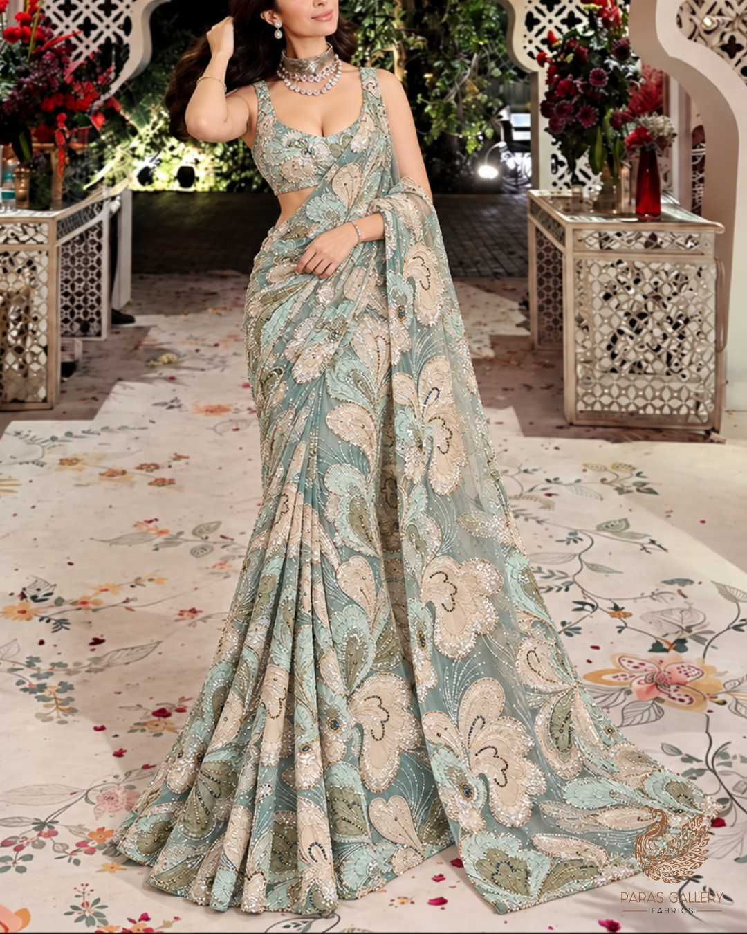Pista Green Imported Net Fabric With All Over Sequins, Katdana, Bead, Ribbon Work And Velvet Patch Work 24979