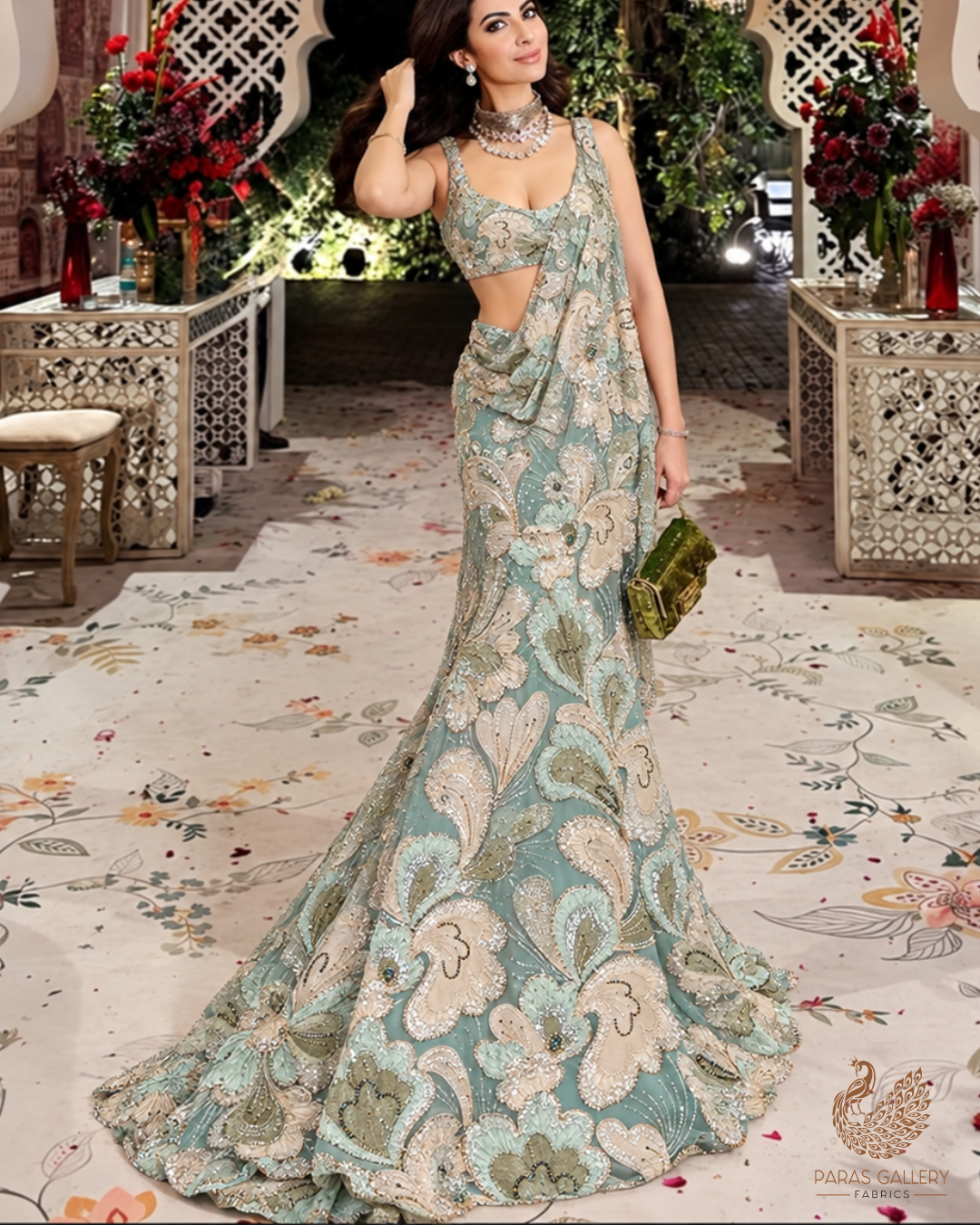 Pista Green Imported Net Fabric With All Over Sequins, Katdana, Bead, Ribbon Work And Velvet Patch Work 24979