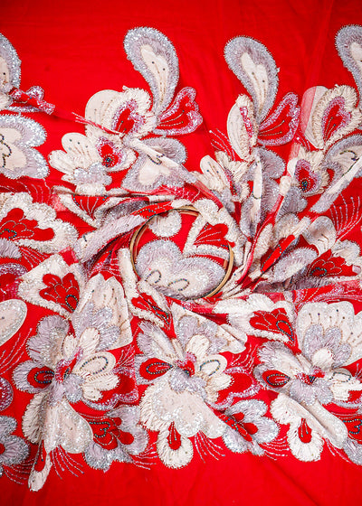 Red Imported Net Fabric With All Over Sequins, Katdana, Bead, Ribbon Work And Valvet Patch Work 24980