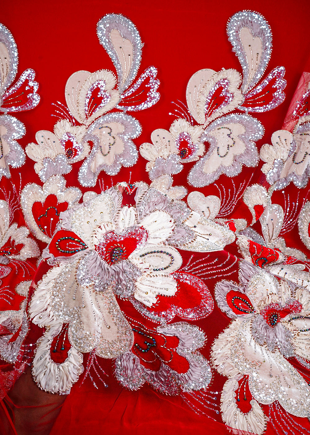 Red Imported Net Fabric With All Over Sequins, Katdana, Bead, Ribbon Work And Valvet Patch Work 24980