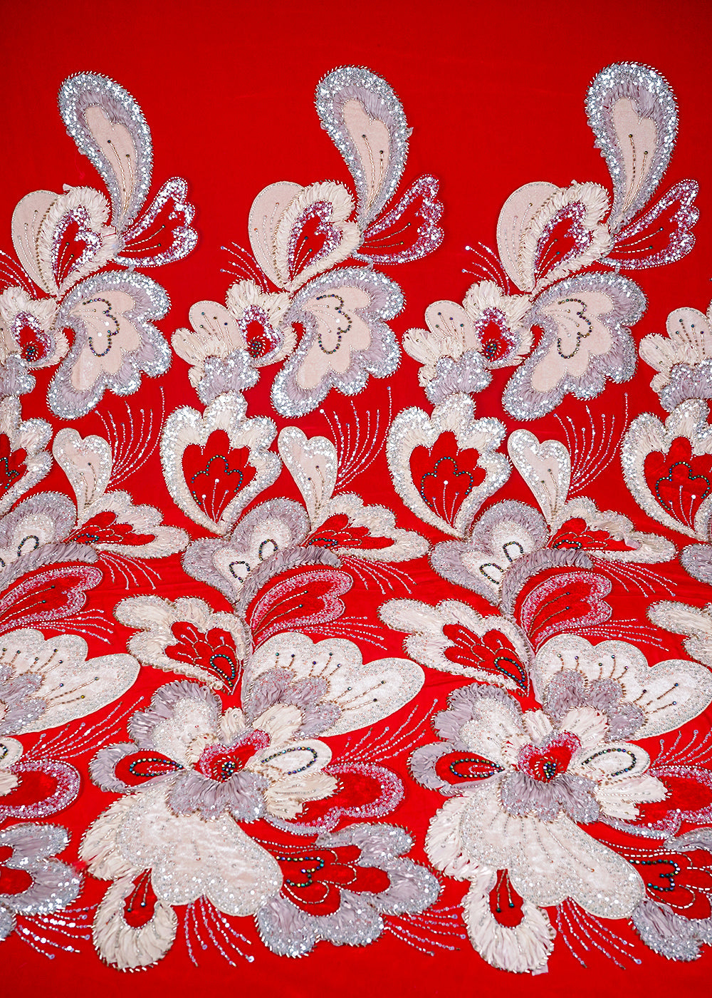 Red Imported Net Fabric With All Over Sequins, Katdana, Bead, Ribbon Work And Valvet Patch Work 24980